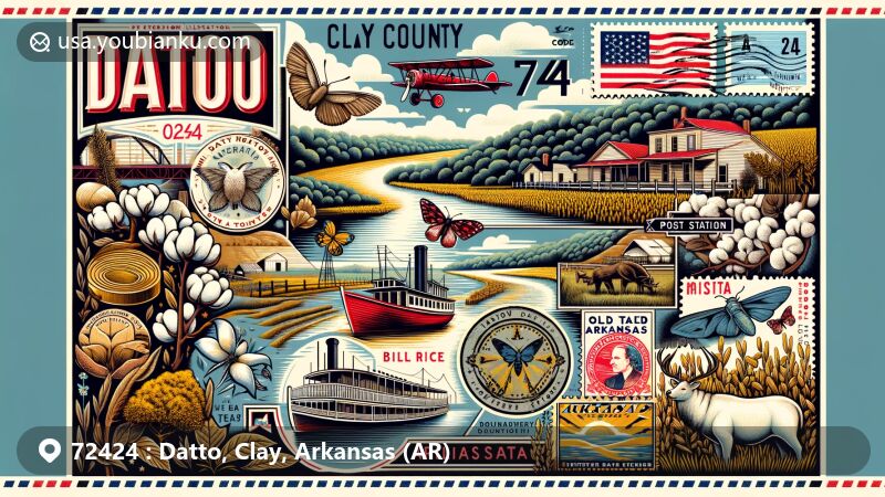 Modern illustration of Datto, Clay County, Arkansas, capturing the essence of a timber town and agricultural area with cotton, soybeans, and rice fields, featuring Old Highway 67, a vintage steamboat, and a vintage air mail envelope with Arkansas state symbols.
