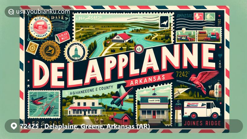 Modern illustration of Delaplaine, Arkansas, featuring key elements of its geography such as Cache River, emphasizing its significance in agriculture, hunting, and fishing. Incorporates town's history with origins in railway and lumber industry, connecting to Jones' Ridge. Designed as a vibrant postcard or airmail envelope with postal symbols like stamps, postmark with ZIP code 72425, possibly a vintage post office or mailbox. Background subtly integrates Arkansas flag or symbols like diamond or mockingbird, placing Delaplaine within larger context of the state. Stylish and eye-catching, ideal for web illustration, highlighting town's charm and natural beauty, ensuring accurate spellings of all text, including ZIP code and town name.