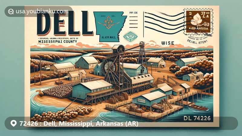 Creative illustration of Dell, Mississippi County, Arkansas, featuring iconic elements like Pemiscot Bayou, cotton gin, and Widner-Magers Farm, capturing the town's history and agricultural heritage.