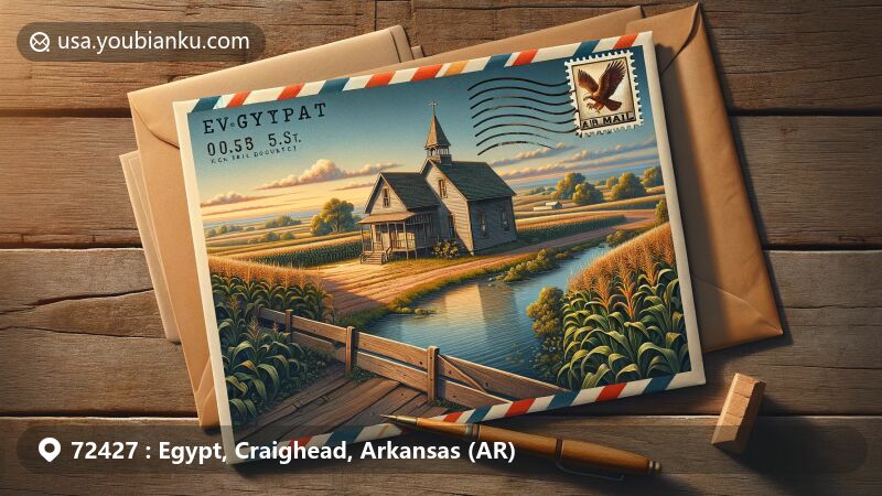 Illustration of Egypt, Arkansas, showcasing rich agricultural heritage, historic timber school building, and Cache River, with vintage Arkansas state flag stamp and postmark.