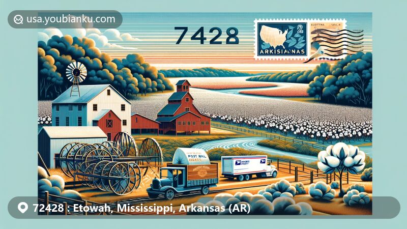 Modern illustration depicting Etowah, Mississippi County, Arkansas, with postal theme and agricultural richness, featuring cotton fields, a cotton gin, air mail envelope, vintage postage stamps, and ZIP code 72428.