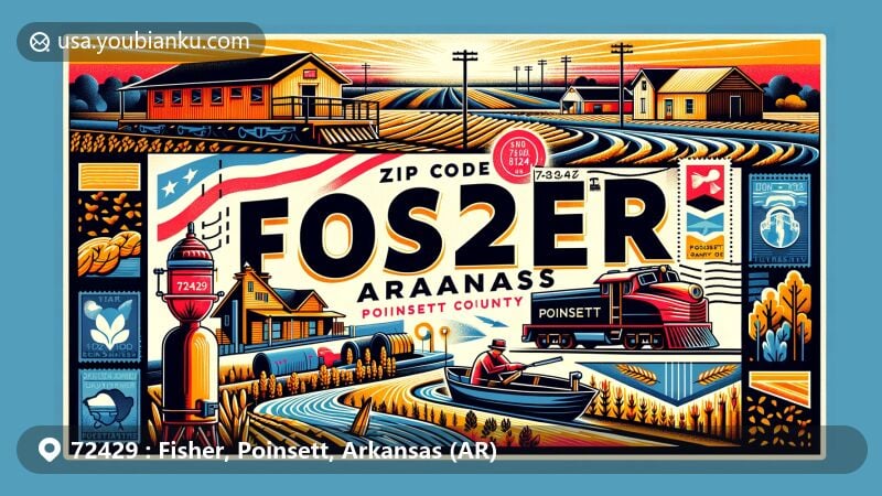 Modern illustration of Fisher, Arkansas, Poinsett County, highlighting postal theme with ZIP code 72429, showcasing its railroad and lumber industry history, agricultural landscape with rice fields, and vibrant postcard design with postal symbols.