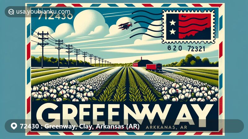 Modern illustration of Greenway, Clay County, Arkansas, capturing agricultural heritage with cotton and soybean fields under a vast sky, featuring vintage postal elements like airmail envelope and state flag postage stamp.