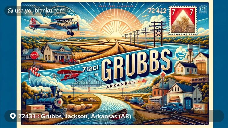 Modern illustration of Grubbs, Arkansas, highlighting agricultural heritage, historical ties to railways and lumber industry, and natural beauty of Cache River, featuring Riceland Foods and postal theme with ZIP code 72431.