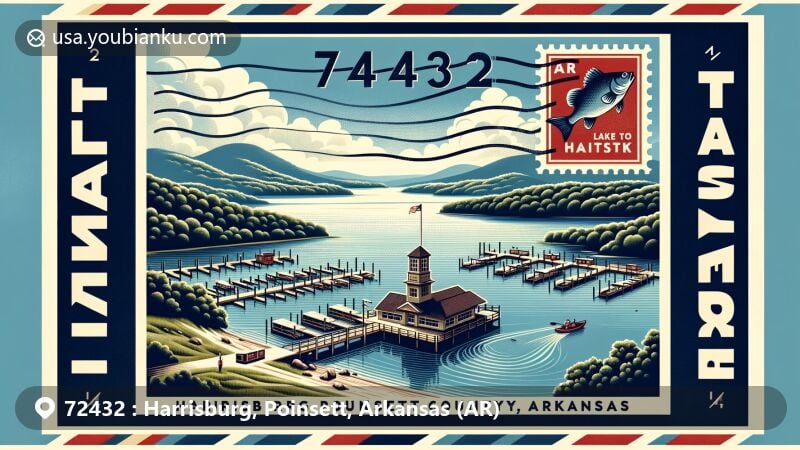 Modern illustration of Harrisburg, Poinsett County, Arkansas, highlighting postal theme with ZIP code 72432, featuring Lake Poinsett and Crowley's Ridge, blending natural beauty with local symbols.
