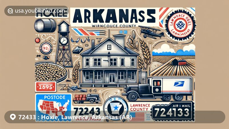 Modern illustration of Hoxie, Lawrence County, Arkansas, featuring postal theme with ZIP code 72433, integrating Lawrence County map outline, symbols of agriculture, historical elements related to school integration, showcasing schoolhouse and year 1955.
