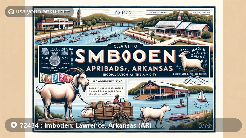 Modern illustration of Imboden, Arkansas, highlighting Spring River setting and Joe Sullivan's goat-driven cart, with postal elements like envelope, stamp, and ZIP code 72434. Featuring Sloan-Hendrix School and boat launch area.