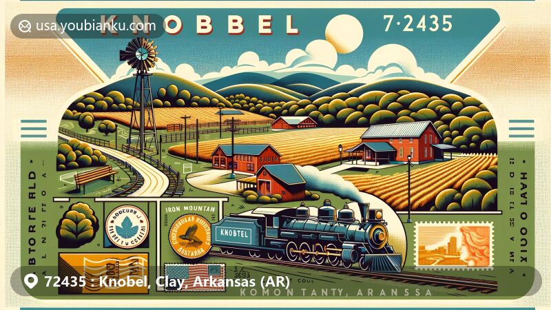 Modern illustration of Knobel, Clay County, Arkansas, featuring agricultural heritage, historic ties to the Iron Mountain Railroad, and Knobel City Park.
