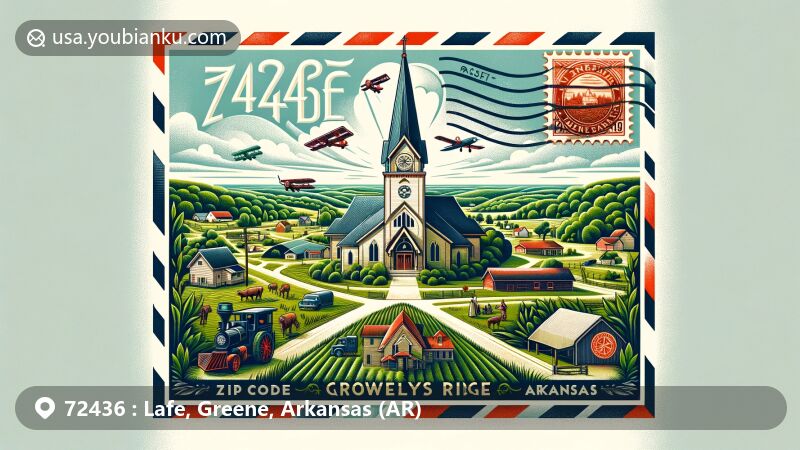 Modern illustration of Lafe, Greene County, Arkansas, highlighting postal theme with ZIP code 72436, featuring Crowley's Ridge and German-American heritage.
