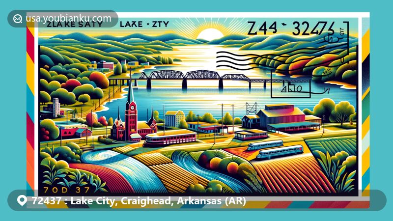 Modern illustration of Lake City, Arkansas, representing ZIP code 72437 with vibrant postal theme showcasing St. Francis River, lift bridge, and agricultural symbols, featuring Riverside School District stamp on a colorful background.