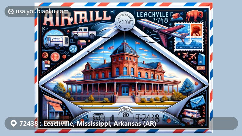 Modern illustration of airmail envelope with Buffalo Island Museum stamp, Leachville, AR postmark, and postal symbols, highlighting Arkansas state elements and ZIP codes.