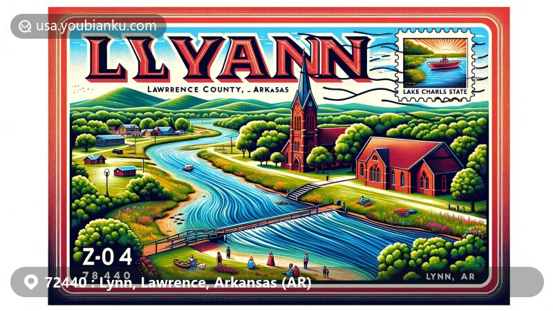 Modern illustration of Lynn, Lawrence County, Arkansas, featuring postal theme with ZIP code 72440, showcasing Black River, Methodist church, and Lake Charles State Park.