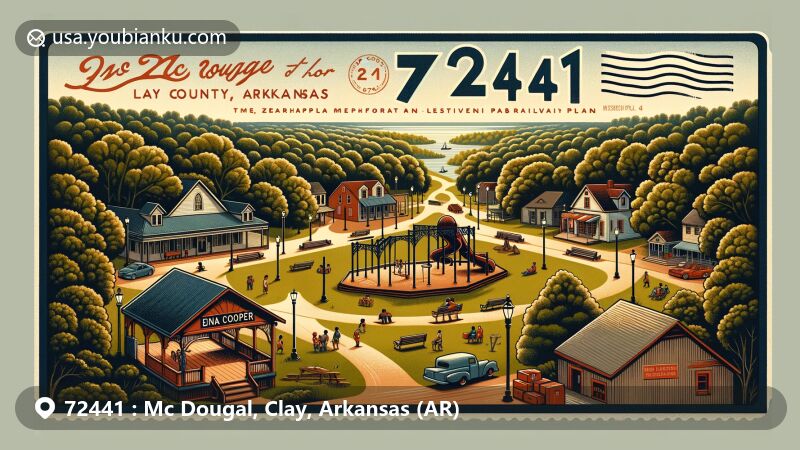 Modern illustration of Mc Dougal, Clay County, Arkansas, capturing community spirit with Edna Cooper Memorial Park, annual Labor Day Picnic, and lush greenery typical of northeastern Arkansas.