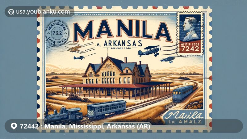 Modern illustration of Manila, Arkansas, showcasing postal theme with ZIP code 72442, featuring Manila Depot Museum and Herman Davis Memorial State Park.