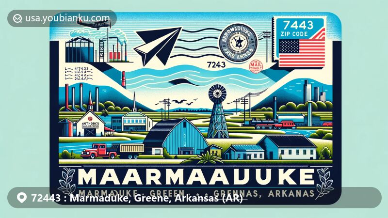 Modern illustration of Marmaduke, Greene County, Arkansas, showcasing Arkansas Delta landscapes, Crowley's Ridge, and symbols of local industry like a lumber mill and Anchor Plastics.