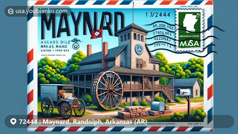 Illustration of Maynard Pioneer Park and Museum in Maynard, Arkansas, surrounded by lush Ozark greenery, featuring unique jail door made from wagon wheel rims, with Arkansas state flag in the background. Foreground shows airmail envelope with postal elements including postage stamp displaying ZIP code 72444.