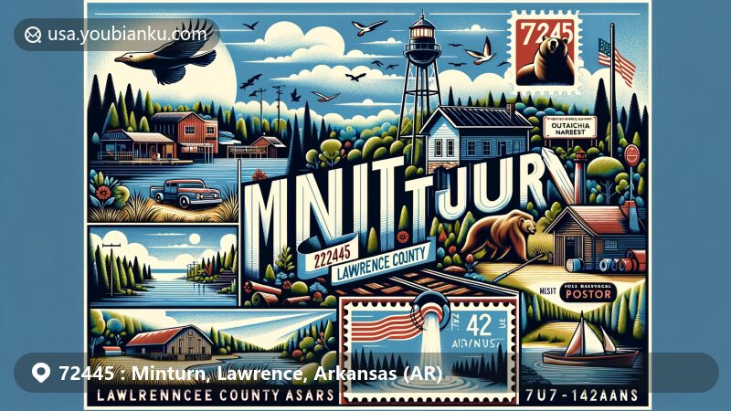 Modern illustration of Minturn, Lawrence County, Arkansas, highlighting ZIP code 72445 and the area's natural beauty, featuring Ouachita National Forest, hiking, fishing, railroad history, and timber industry.