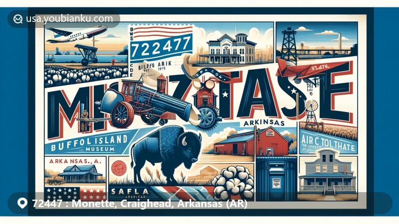 Modern illustration of Monette, Arkansas, featuring Buffalo Island Museum and Monette Mural, highlighting town's history and agricultural heritage in cotton farming.