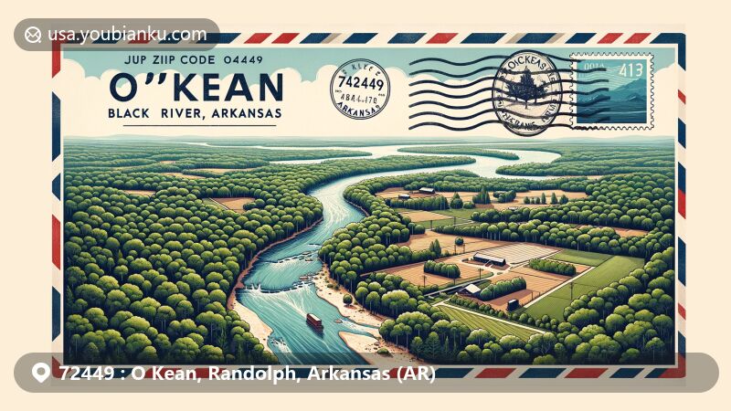 Modern illustration of O'Kean, Arkansas, highlighting ZIP code 72449 with vintage air mail theme, featuring Arkansas state flag stamp and scenic postcard of Black River, forests, and farmlands.