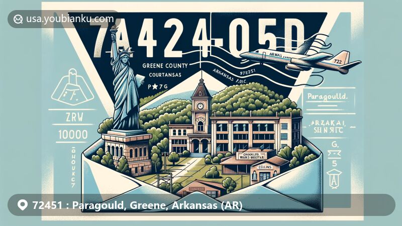 Modern illustration of Paragould, Greene County, Arkansas, featuring airmail theme with ZIP code 72451, highlighting Crowley's Ridge State Park, Greene County Courthouse, Statue of Liberty replica, and Downtown District.