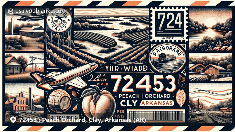 Modern illustration of Peach Orchard, Clay County, Arkansas, showcasing postal theme with ZIP code 72453, featuring peach orchards, Black River, Hubble Lake for fishing, and historical timber industry and railroad influences.