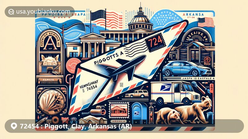 Modern illustration of Piggott, Clay, Arkansas postal theme, highlighting ZIP code 72454, with iconic landmarks like Hemingway-Pfeiffer Museum and Piggott WPA Post Office Mural.
