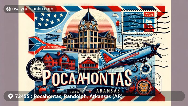 Modern illustration of Pocahontas, Arkansas, showcasing postal theme with ZIP code 72455, featuring Old Randolph County Courthouse and Arkansas state symbols.
