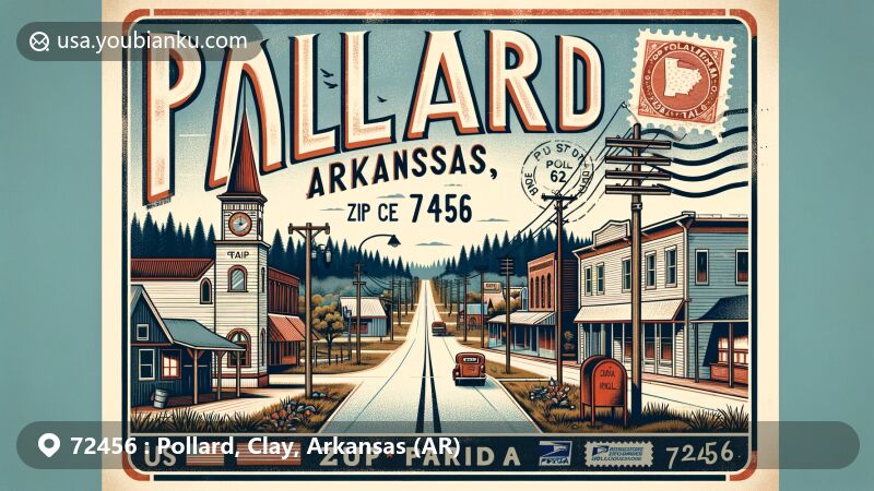 Modern illustration of Pollard, Clay County, Arkansas, highlighting ZIP code 72456, showcasing Main Street (US-62) and rural backdrop, integrating vintage postcard design with postal symbols like stamps and mailbox.