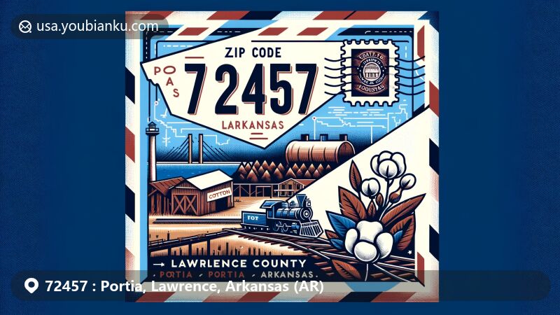 Vintage-style illustration of Portia, Lawrence County, Arkansas, capturing ZIP code 72457, showcasing rich history of timber industry, Black River, railroad heritage, and cotton farming.