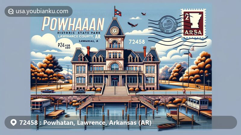 Modern illustration of Powhatan, Lawrence County, Arkansas, presenting 1888 courthouse from Powhatan Historic State Park, Black River, postcard elements with '72458' and 'Powhatan, AR' text, and Arkansas state flag.