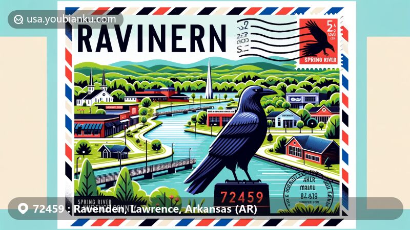 Modern illustration of Ravenden, Lawrence County, Arkansas, with ZIP code 72459, featuring Spring River, raven statue landmark, and postal elements, evoking small-town charm and natural beauty.