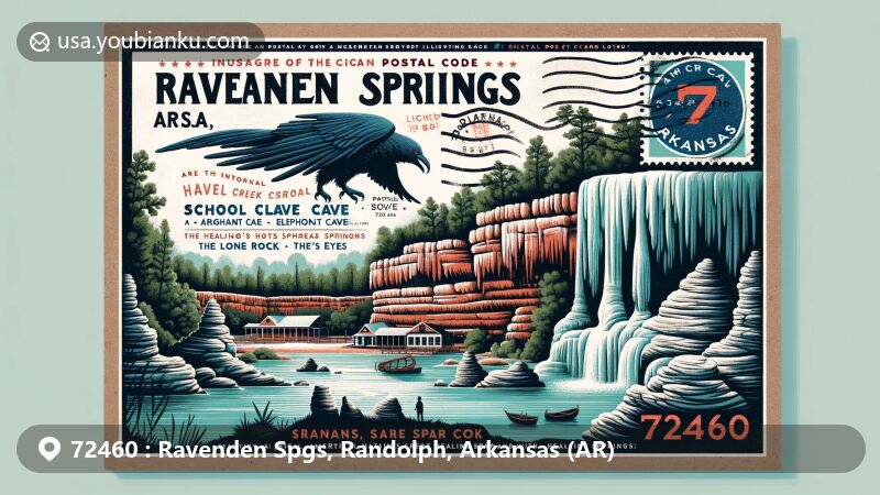 Unique illustration of Ravenden Springs, Randolph County, Arkansas, featuring geological wonders of Hall’s Creek Canyon like School Cave, Elephant Cave, Raven's Den, Lone Rock, and the Needle's Eye, along with historical spa town elements and postal service symbols.