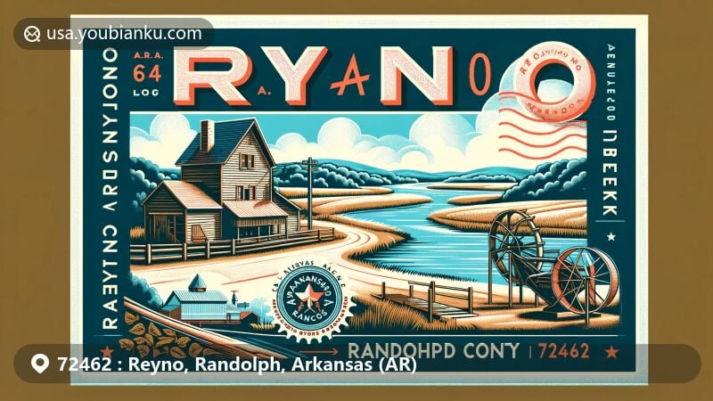 Modern illustration of Reyno, Randolph County, Arkansas, inspired by U.S. Highway 67 and Current River, depicting the cotton gin and sawmill, with a focus on rural charm and Arkansas state flag stamp.
