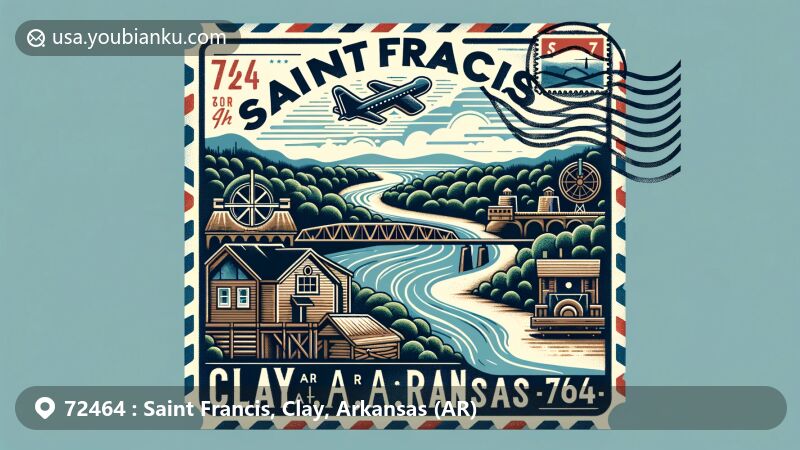 Modern illustration of Saint Francis, Clay County, Arkansas, featuring key elements like vintage air mail envelope, St. Francis River, timber industry symbols, historic community representation, and Arkansas state flag.