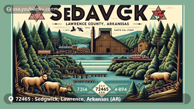 Modern illustration of Sedgwick, Lawrence County, Arkansas, representing ZIP code 72465 with a focus on the timber industry, featuring a sawmill, dense forests, and the Cache River. Incorporates town's incorporation date, February 3, 1894, and Arkansas state symbols like the Pine tree, White-Tailed Deer, Apple Blossom, and Honeybee.