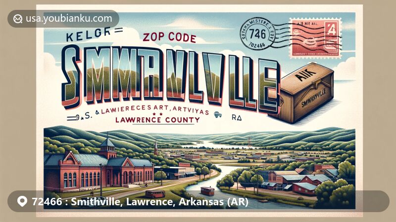 Modern illustration of Smithville, Lawrence County, Arkansas, showcasing postal theme with ZIP code 72466, featuring picturesque Ozark foothills and vintage-style postcard, blending town's history, geographical features, and postal heritage.
