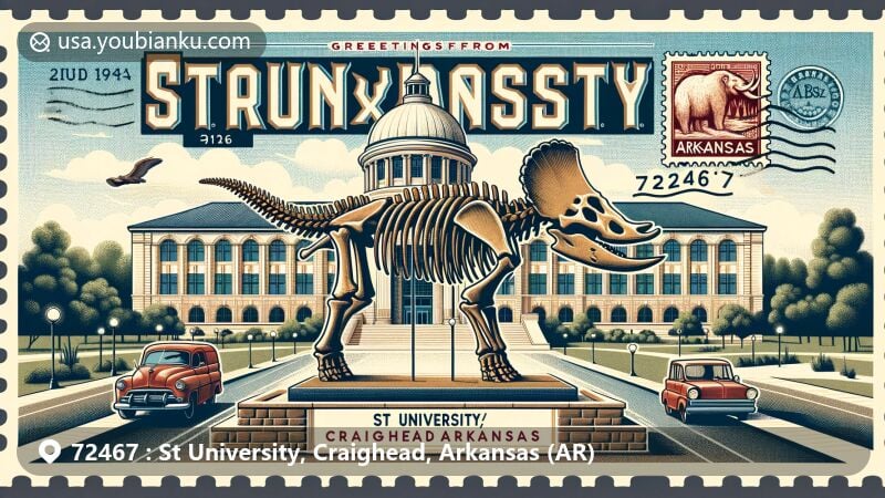 Modern illustration of St University, Craighead County, Arkansas, showcasing the Arkansas State University Museum with mastodon skeleton exhibit, featuring rich fossil history and Native American cultures.