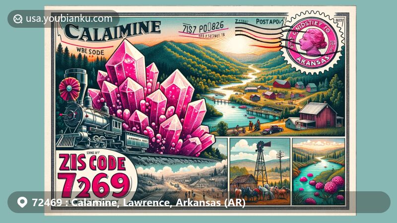 Modern illustration of Calamine, Lawrence County, Arkansas, embracing postal theme with ZIP code 72469, featuring pink mineral calamine, early settlers, springs, and rural charm, symbolizing Arkansas's mining history and serene landscape.