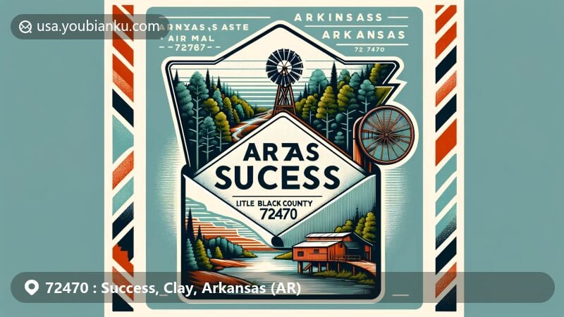 Modern illustration of Success, Arkansas, featuring ZIP code 72470, showcasing historical timber industry connection with lush forests and vintage sawmill, postal theme with air mail envelope and artistic landscape depiction.