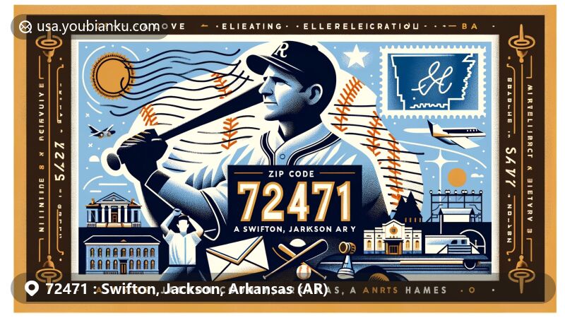 Modern illustration of Swifton, Jackson County, Arkansas, inspired by the local culture and George Kell's legacy, featuring postcard design with baseball elements and Arkansas state symbols.