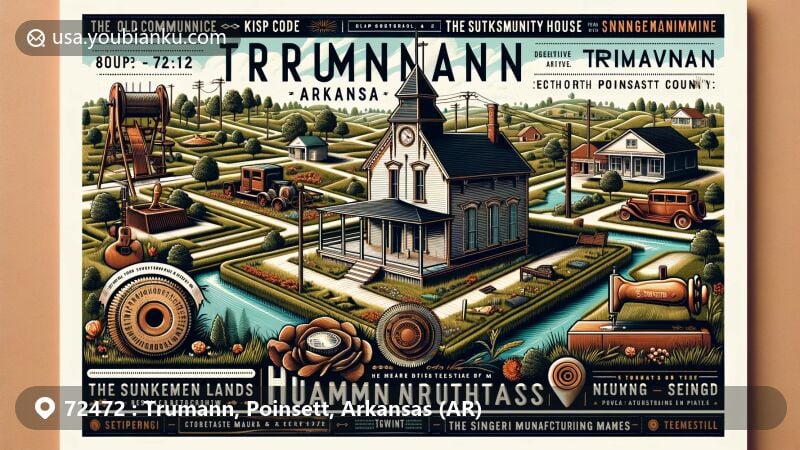 Modern illustration of Trumann, Poinsett County, Arkansas, featuring Old Community House, sunken lands region, New Madrid Earthquakes history, Singer Manufacturing Company, and Trumann Wild Duck Festival, with ZIP code 72472.
