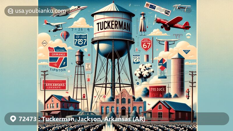 Modern illustration of Tuckerman, Arkansas, showcasing postal theme with ZIP code 72473, featuring Tuckerman Water Tower, Rock 'n' Roll Highway 67 symbols, cotton fields, train depot, postage stamp, airmail envelope, and red mailbox.
