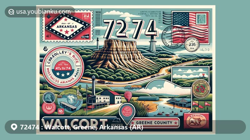 Modern illustration of Walcott, Greene County, Arkansas, featuring ZIP code 72474 in a wide-format postcard style with postal elements like airmail envelope, stamps, and postmark, highlighting Crowley's Ridge State Park.
