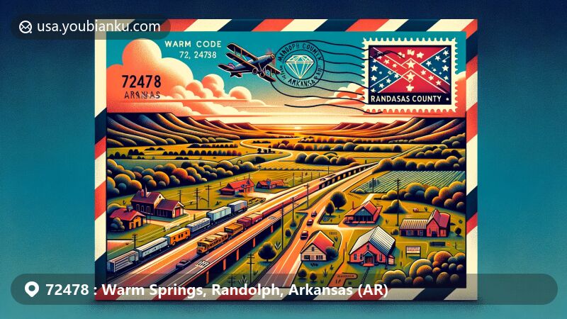 Modern illustration of Warm Springs, Randolph County, Arkansas, showcasing rural beauty and natural scenery, featuring Arkansas Highway 251 and state flag, with postal elements like a stamp with ZIP code 72478 and Warm Springs postmark.