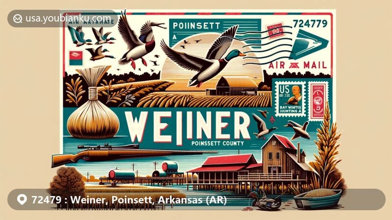 Modern illustration of Weiner, Poinsett County, Arkansas, highlighting rice farming, duck hunting, and Bayou De View State Wildlife Management Area, with vintage air mail envelope, stamps, and postal mark, featuring ZIP code 72479.