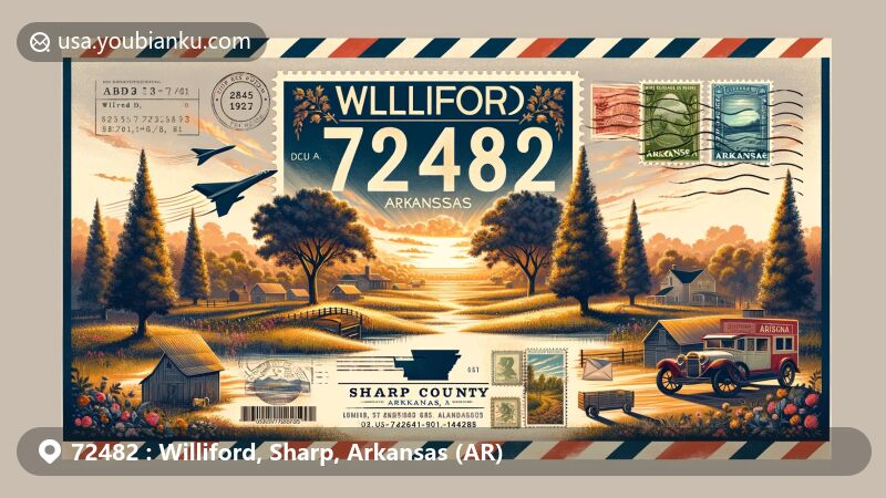 Modern illustration of Williford, Sharp County, Arkansas, highlighting ZIP code 72482 with postal elements like vintage postcard, airmail envelope, stamps, and postmark, reflecting rural charm and natural beauty.