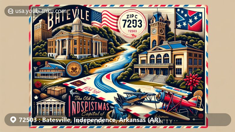 Modern illustration of Batesville, Independence County, Arkansas, merging historical, cultural, and postal themes, with White River, Lyon College, Old Independence Regional Museum, and Christmas Capital elements.