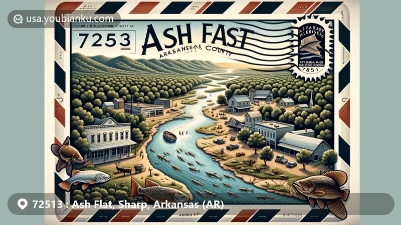 Modern illustration of Ash Flat, Arkansas, showcasing postal theme with ZIP code 72513, featuring OZARK scenery with Strawberry and Spring rivers, depicting black bass species, symbolizing fishing attractions. Includes Harold E. Alexander Spring River Wildlife Management Area and historic town center.