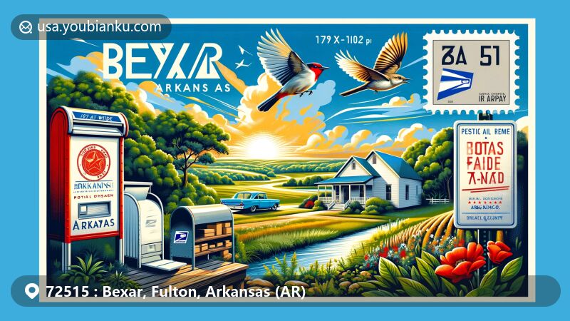 Modern illustration of Bexar, Fulton County, Arkansas, featuring postal theme with ZIP code 72515, showcasing lush landscapes and elements symbolizing the state of Arkansas.