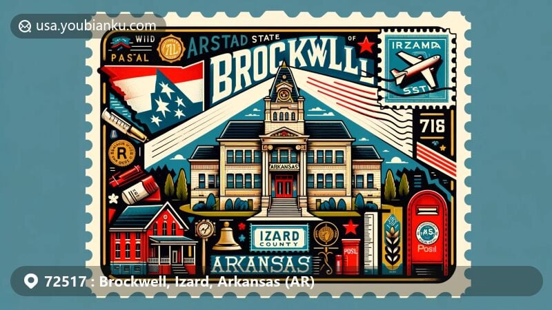Modern illustration of Brockwell, Izard, Arkansas, featuring air mail envelope with symbols of Pine Ridge School Building, Arkansas state flag, and Izard County outline.